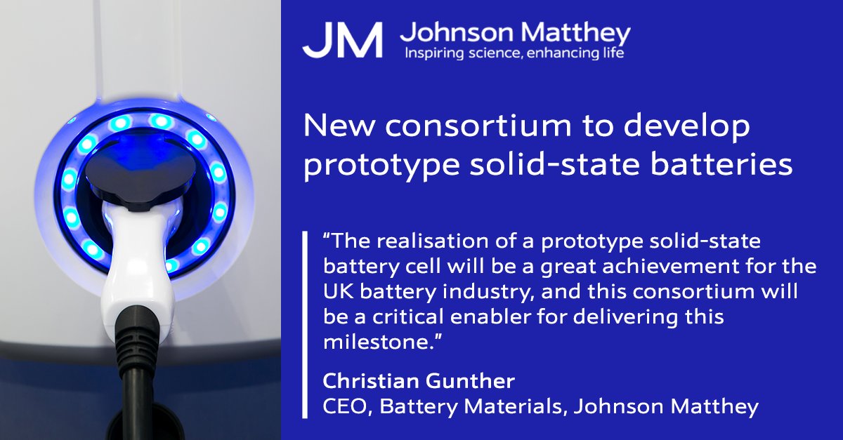 Johnson_Matthey's tweet photo. 🔋 We're part of an exciting new consortium of seven organisations aiming to develop world-leading prototype solid-state #battery technology for automotive applications.
Read more: https://t.co/E6qhjdJ3Ji
#cleanerhealthierworld #batterytechnology https://t.co/Bfxs6uQvpy
