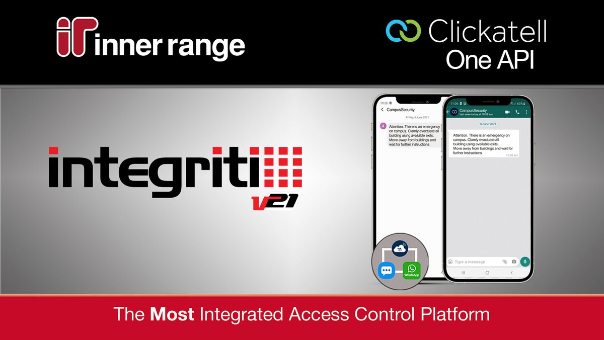 In Integriti Version 21, sending WhatsApp messages as well as traditional SMS is possible through the updated integration with <a href="/Clickatell/">Clickatell</a>'s One API. This single API allows sending messages through multiple communication channels. 
Read more: 
innerrange.com/Contact/About-…