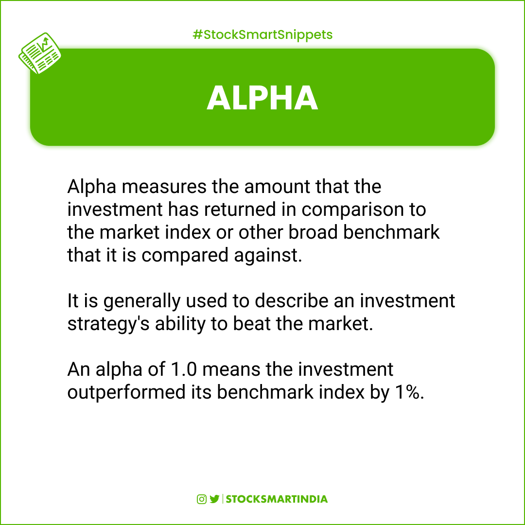 StockSmartIndia's tweet photo. #StockSmartSnippets - Alpha
What is Alpha?
.
.
Follow @StockSmartIndia  for daily dose of information Rocket
.
.
#Derivatives #Stockmarketbasics #stockmarket101 #sharemarketbasics #sharemarket101 #Nifty #banknifty #alpha #indexfund https://t.co/w3HgkV6MDv