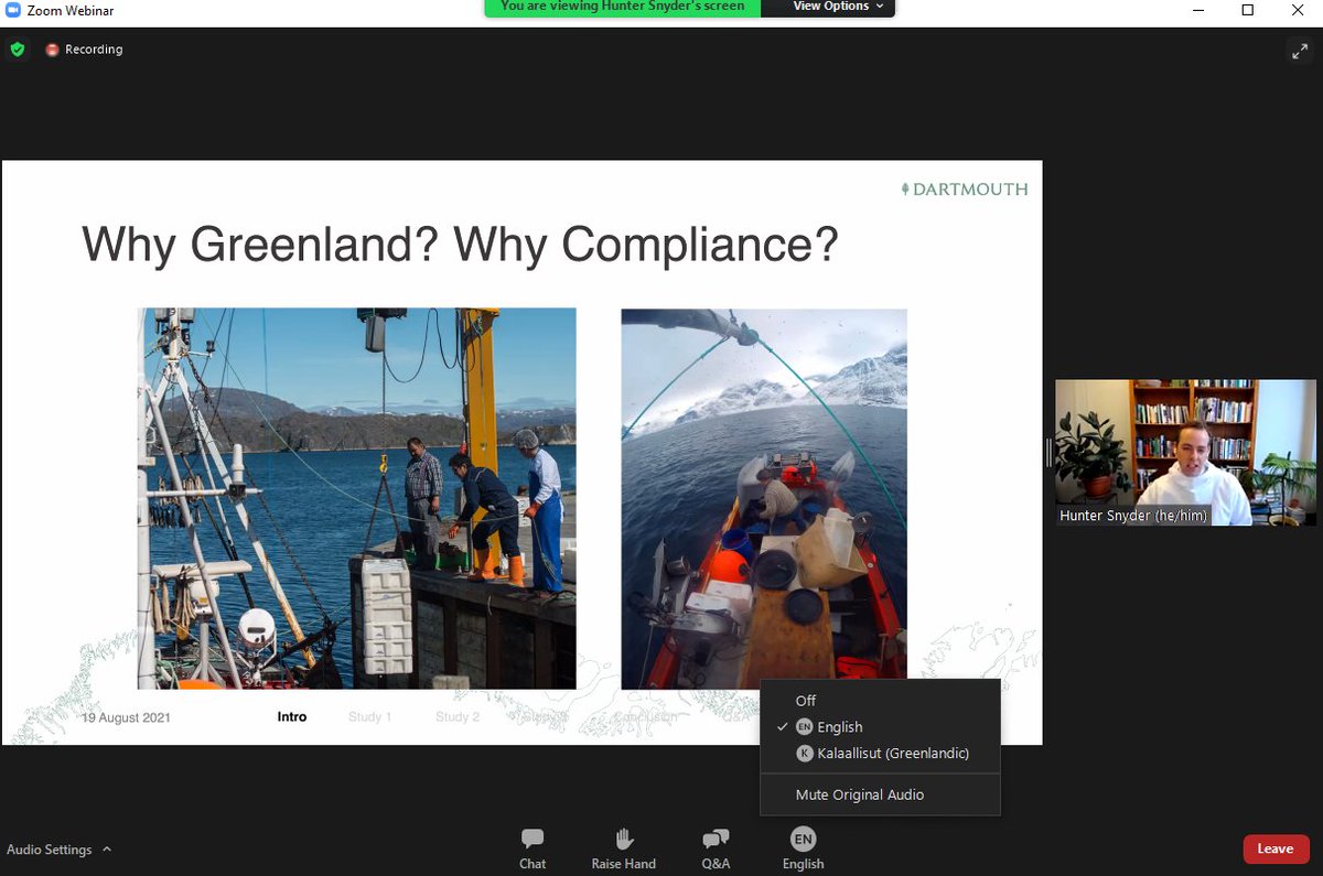 Watching the PhD defense of @huntertsnyder about Greenland fisheries. He set up an option to listen live in Kalaallisut. An excellent model for sharing Greenland research in a way that is accessible to people in Greenland. More of this, please! @DartArctic @EEES_Dartmouth 🇬🇱🐟