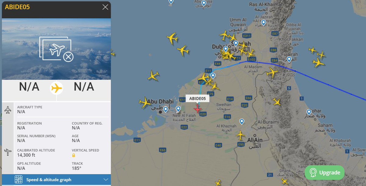 OS_Intel's tweet image. Unknown A/C "ABIDE05" east of Abu Dhabi. That callsign may point towards the flight being a B-1B Lancer from the 7th Bomb Wing @AuroraIntel @vcdgf555 @GDarkconrad