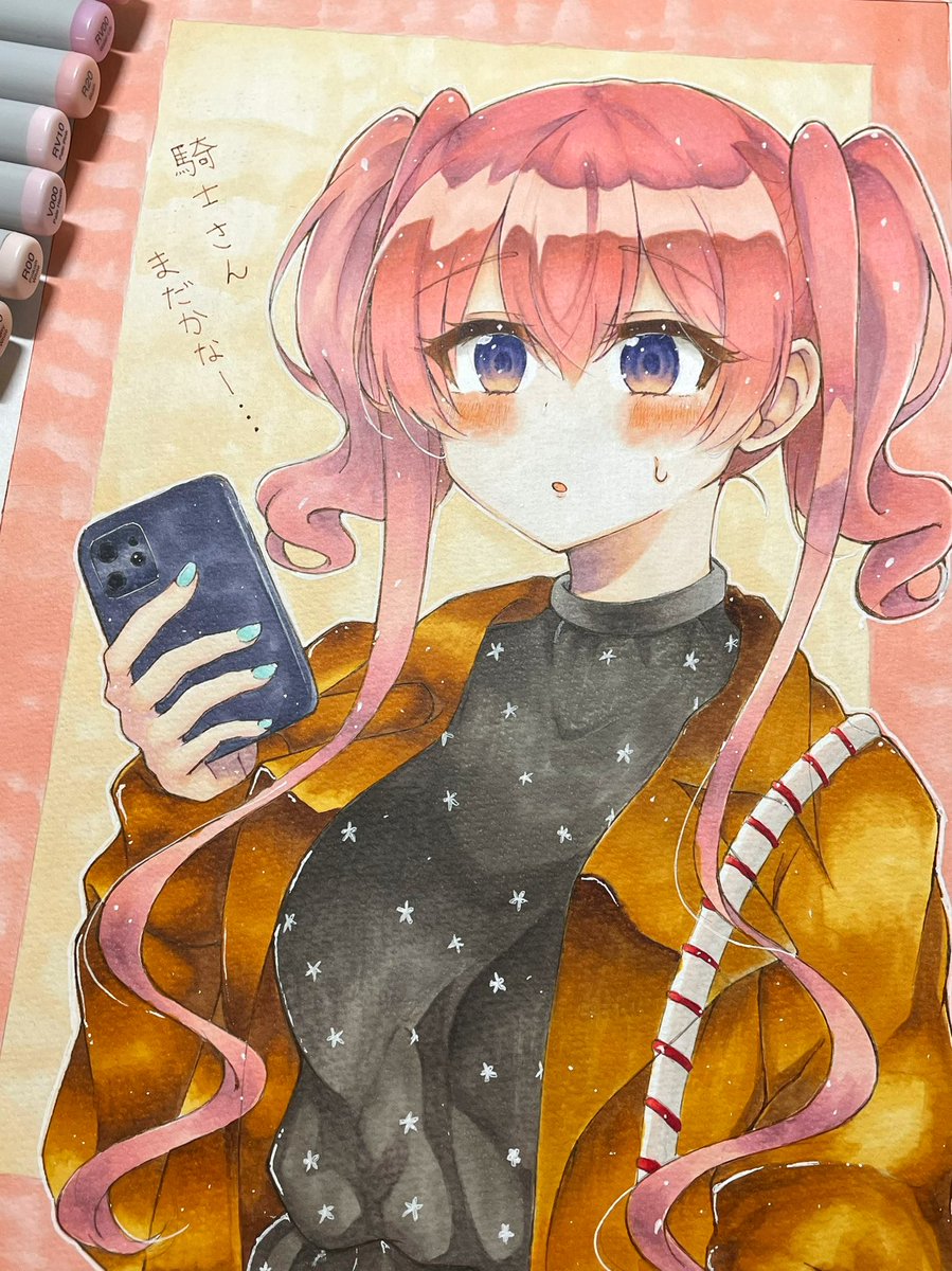 1girl traditional media solo phone pink hair twintails holding  illustration images