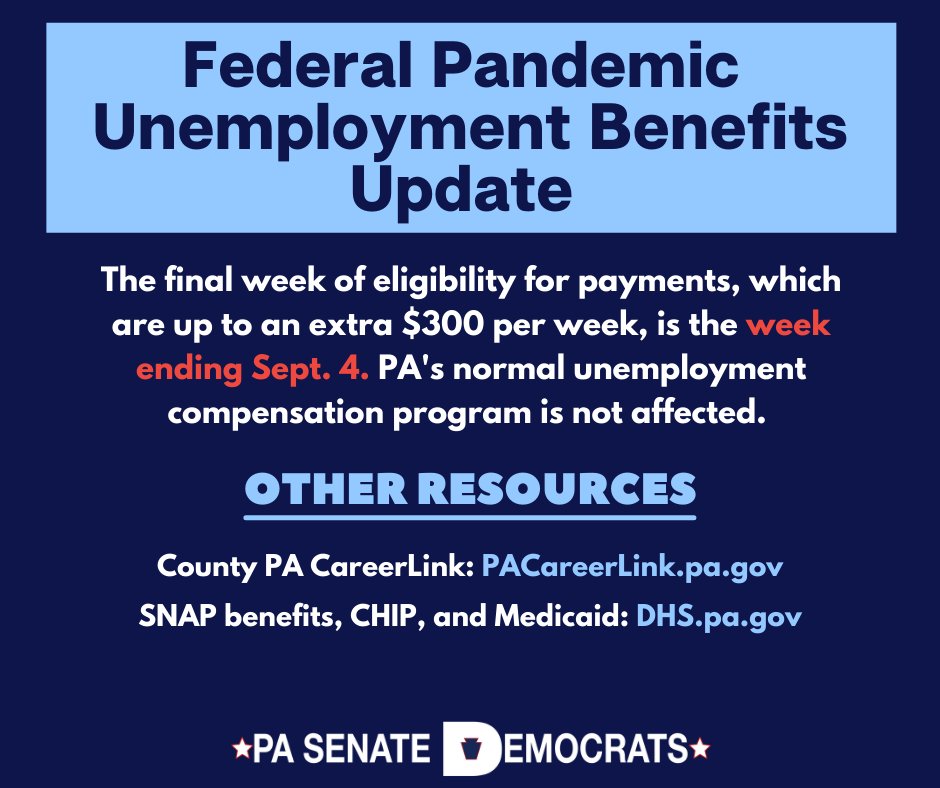 💬 HELP SPREAD THE WORD 💬

Unemployment compensation benefits through federal pandemic assistance programs will end in less than 3 WEEKS.

The final week of eligibility for payments ends on Sept. 4. 

PA's normal unemployment compensation program is NOT affected.