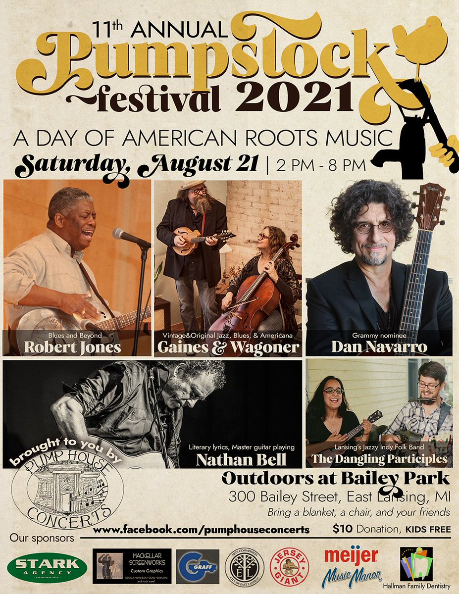 fb.me/e/49aEahftO
We've had a change to our order of appearance.
The NEW LINEUP is:
6:45 – Dan Navarro
5:30 – Gaines &amp; Wagoner
4:15 – Nathan Bell
3:00 – Rev. Robert Jones 
2:00 – The Dangling Participles
This was needed to accommodate an artist's family situation.