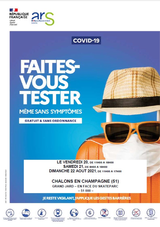 ars_grand_est's tweet photo. Opérations de #dépistage #tests #antigeniques ce week-end📌@VilledeChalons et #Cormontreuil #ARS51😷🧪
🗓️ Châlons-en-Champagne Grand Jard 20, 21,22 août
🗓️ Châlons-en-Champagne Place de la République 21 août
🗓️ Cormontreuil 21 août https://t.co/nOEaZNcmOU