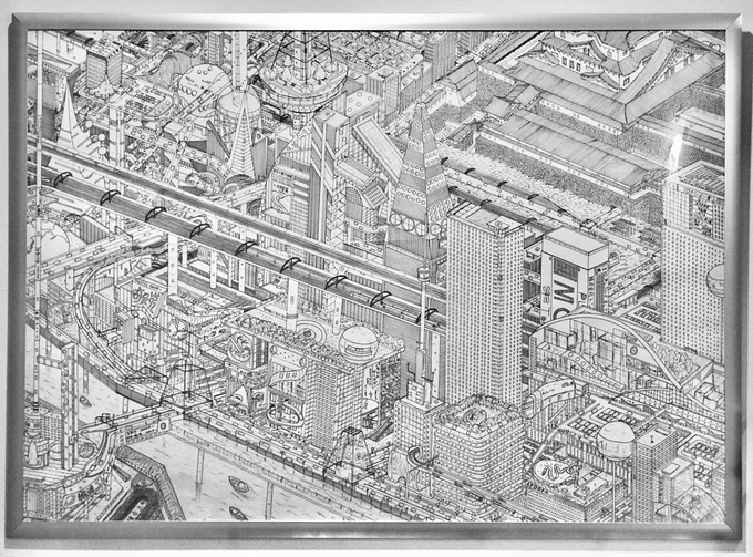 小学6年生のときに立体的な空想都市が描けるようになると、さらに世界が広がった気がした。これは初めて大きな紙に描いた作品。 