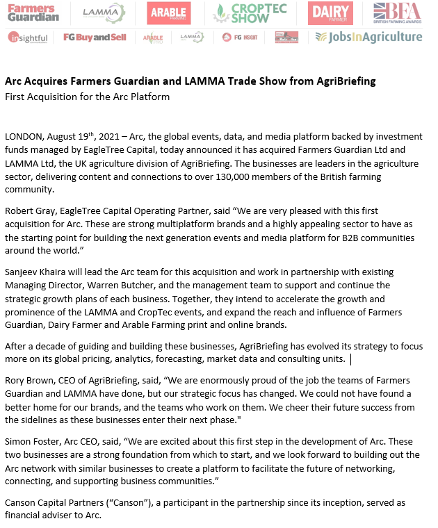 simonfosternl's tweet photo. Arc has completed its first acquisition. I’m pleased to share that we'll be working with the incredible teams of @farmersguardian and @LAMMAshow to grow their dynamic brands and serve the vital British farming community. Hopefully, the first of many similar acquisitions for Arc. https://t.co/Qbx2F7aZbL