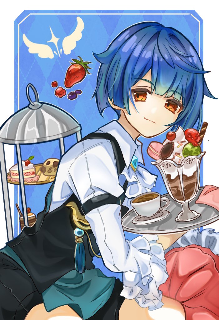 1boy male focus food blue hair solo shorts cup  illustration images
