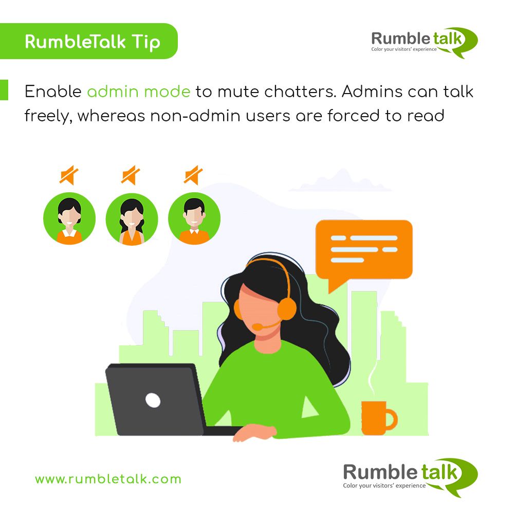 RumbleTalk's tweet image. Need to pause a group chat conversation for a while? You can do it by enabling admin mode. This will only allow admins to talk in the chat room. 

buff.ly/2Qgj1lb 

#adminmode #modchat #moderatedchat #chatonline #onlinechatroom #chattools #wpchat #wpplugin