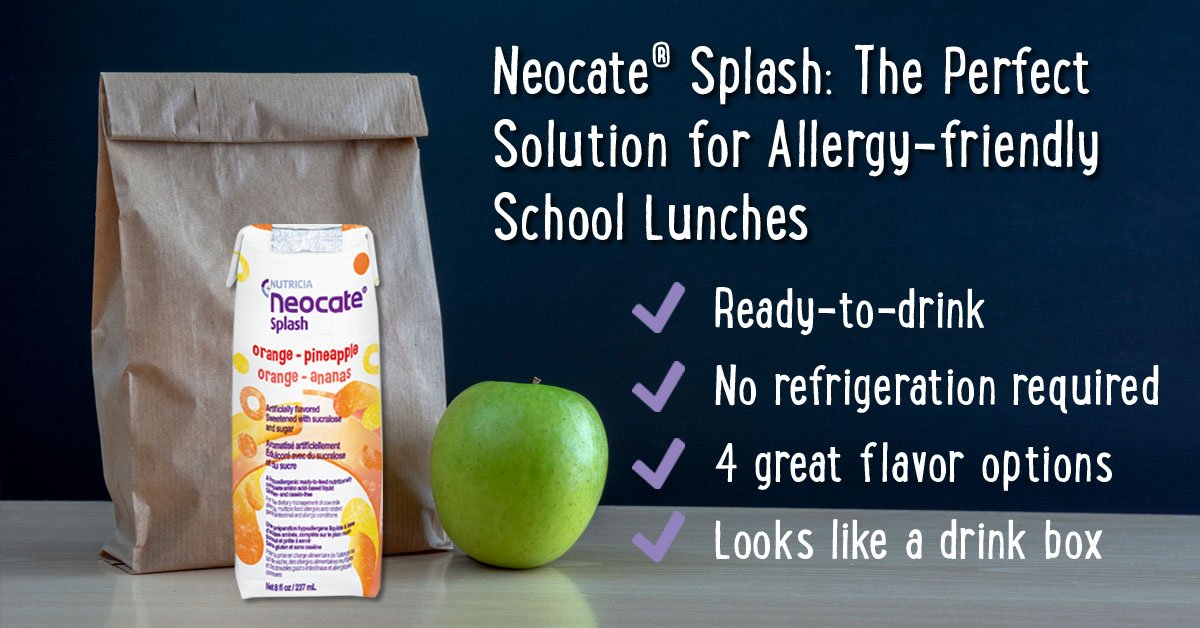 neocate's tweet image. Packing allergy-friendly school lunches can be tricky – #Neocate® Splash makes it easy. No mixing and no refrigeration required. Just pack and go! Talk to your healthcare provider about whether Neocate® Splash is right for you and request a sample here: neocate.com/shop/request-s….