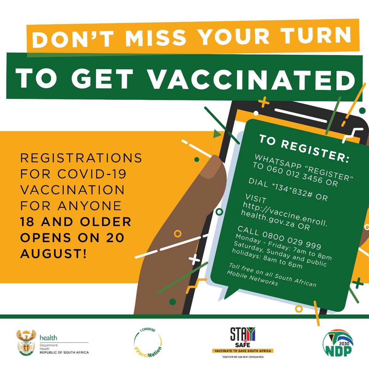 HealthZA's tweet photo. As from tomorrow, 20 August 2021, people who are 18 years and above will be able to register on the electronic vaccination data system #VaccinationRollOutSA #COVID19 #18to34 https://t.co/Eecu1V01rM