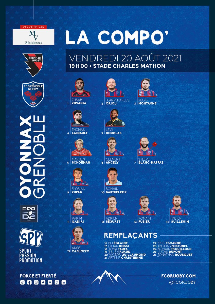 Découvrez la compo des "Rouge &amp; Bleu" pour le match amical face à <a href="/OyonnaxRugby/">Oyonnax Rugby</a> 🔴🔵
👉 fcgrugby.com/fr/articles/20…