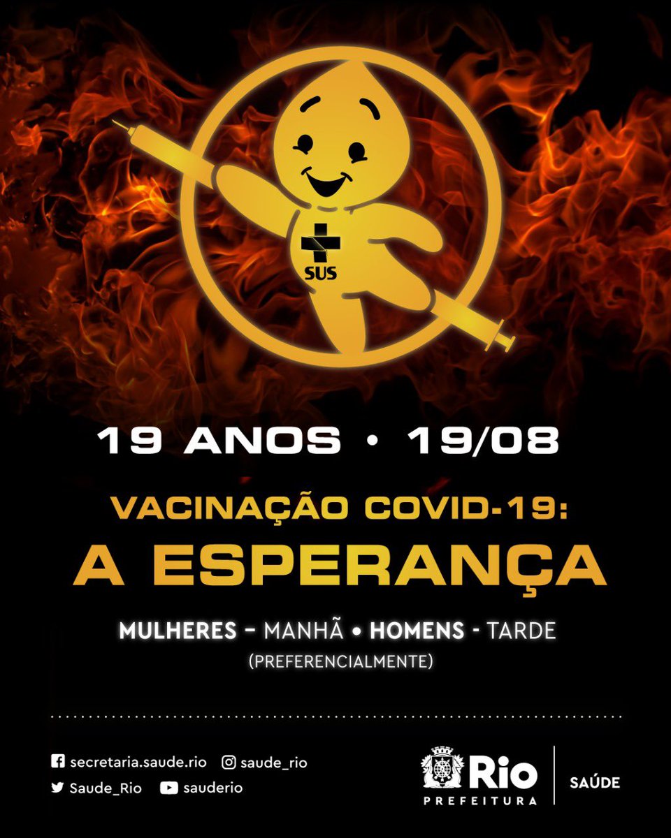 Saude_Rio's tweet photo. Nos jogos da vacinação, o vencedor é aquele que não perde a data da sua idade na campanha.

Galera do distrito dos 19 anos, quer ser um tordo? Então vem se proteger contra a covid-19! A arena desta vez é um dos 280 postos de vacinação espalhados pelo Rio. 

@Prefeitura_Rio https://t.co/sNvjNyNIEY