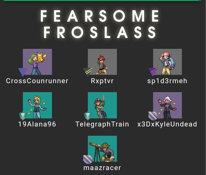 FearsomeFroslass (@ffroslass) on Twitter photo Say hello to Fearsome Froslass
The team:
Captain/Field Specialist: @19Alana96
Field Specialist: <a href="/TelegraphTrain/">TelegraphTrain</a>
Field Specialist: <a href="/maazracer/">maazracer</a>
Field Specialist: <a href="/kyleundead17/">💀KyleUndead💀</a>
Great League: @BlaineOSU
Ultra League: @rvptxr
Master League: Sp1d3rmeh
Alternate: CrossCounrunner Say hello to Fearsome Froslass
The team:
Captain/Field Specialist: @19Alana96
Field Specialist: <a href="/TelegraphTrain/">TelegraphTrain</a>
Field Specialist: <a href="/maazracer/">maazracer</a>
Field Specialist: <a href="/kyleundead17/">💀KyleUndead💀</a>
Great League: @BlaineOSU
Ultra League: @rvptxr
Master League: Sp1d3rmeh
Alternate: CrossCounrunner