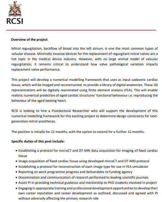 Opportunity for a Postdoc to join our team! @RCSI_Irl @RCSI_Research @TissueEngDublin #FEA #Imaging #biomechanics Get in touch claireconway@rcsi.ie my.corehr.com/pls/coreportal…