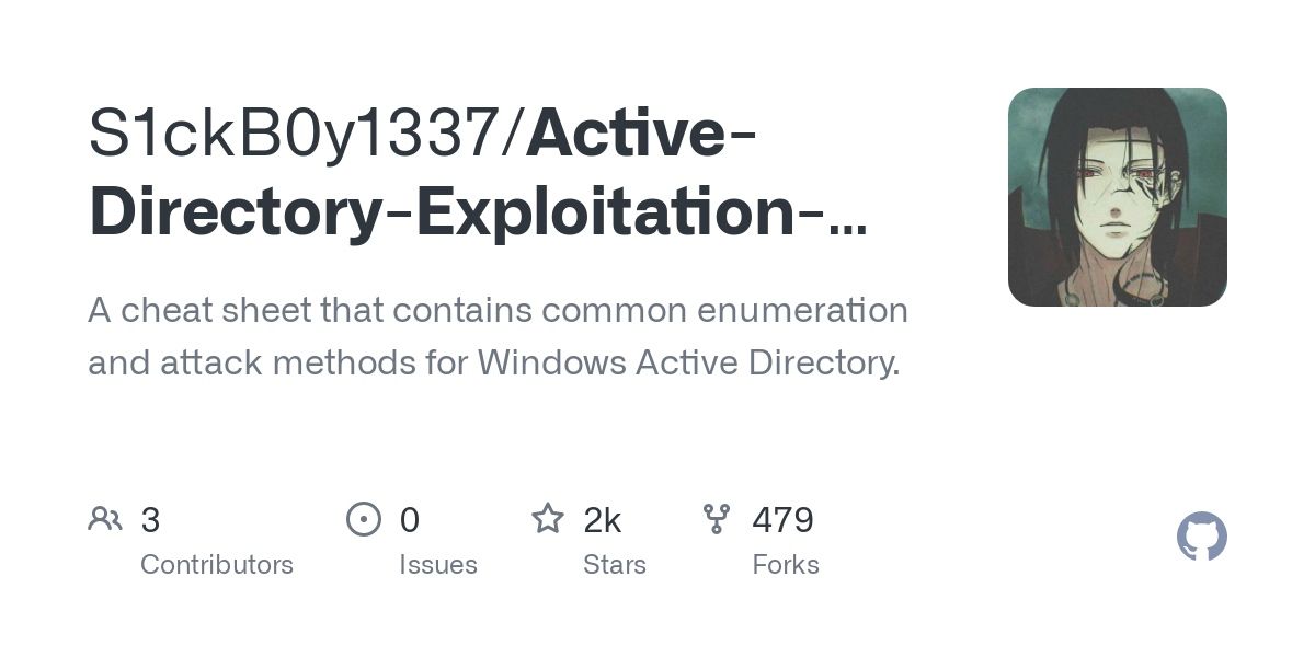 geekynerdyone's tweet photo. GitHub - S1ckB0y1337/Active-Directory-Exploitation-Cheat-Sheet: A cheat sheet that contains common enumeration and attack methods for Windows Active Directory. https://t.co/2LffRmAvGH
#infosec #cybersecurity #informationsecurity #computersecurity #stickboy1337 #microsoftexploit https://t.co/qV8VJAgtJ2