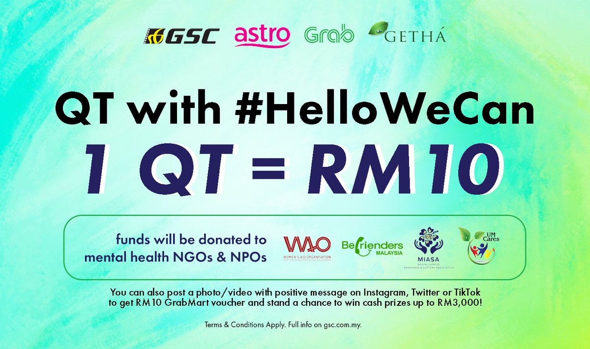 💛1 QT = RM10💛

QT this with hashtag #HelloWeCan and for each QT, RM10 will be donated to NGOs supporting mental health (@womensaidorg, @BefriendersKL, @MIASAMalaysia, and @myumcares)

Learn more about the initiative: bit.ly/HelloWeCan
