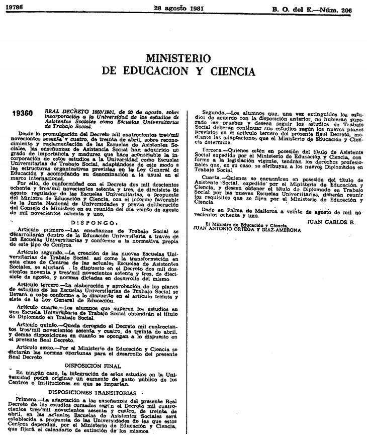 ➡️ Hoy hace 40 años de la incorporación a la Universidad de los estudios de Asistentes/as Sociales como Escuelas Universitarias de Trabajo Social a través del Real Decreto 1850/1981, de 20 de agosto ⬅️