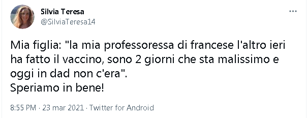 anikeatable's tweet photo. Quante ne sta passando la prof di francese. 
A marzo fa vaccino è sta due giorni male
Ad agosto fa vaccino la mattina e muore la sera. 

That's suspicious that's weird https://t.co/zHgzBpnpQ1
