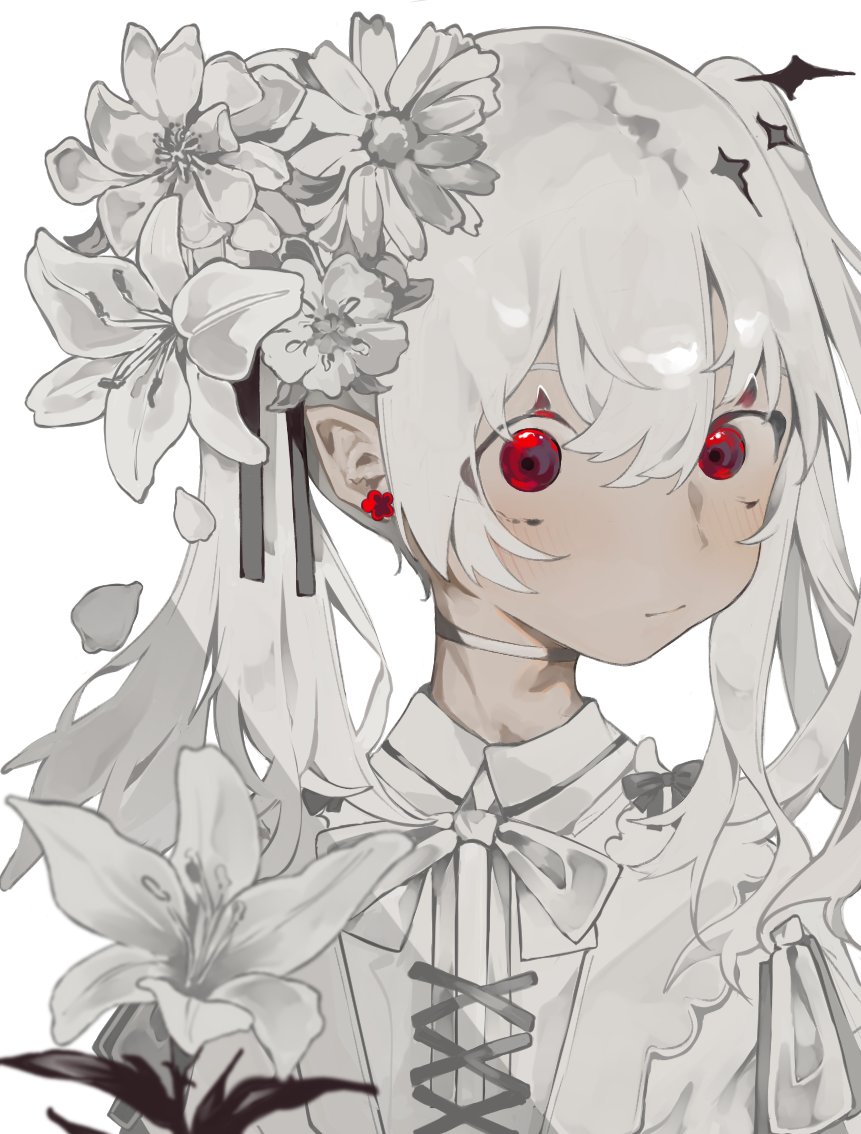 1girl flower solo twintails red eyes white flower hair flower  illustration images