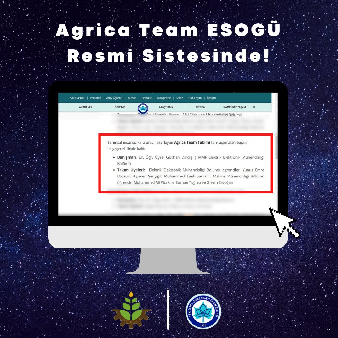 Eskişehir Osmangazi Üniversitesi resmi sitesinin "Başarılar" kategorisinde takımımız Agrica Team'e yer verdi. <a href="/esoguweb/">ESOGU</a> 'e desteklerinden dolayı teşekkür ediyoruz 🚀
Daha güzel başarılara imza atmak dileğiyle 💚

Link: ogu.edu.tr/Web/DuyuruDeta…