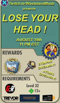medic_wasteland's tweet photo. TONIGHT!!!
Get the answer right and you win Atoms! Get the #Fallout trivia question wrong and you ‘Lose Your Head’ courtesy of the audience of your Wasteland peers firing squad!
Stimpak prop from #BadMoonFX and 2000 Atoms Giveaways!
#QuakeCon #FalloutCommunityStreamTeam https://t.co/F61Fk6Qq6n