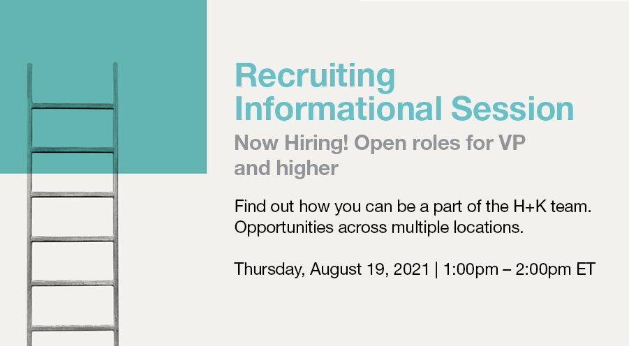 Join us today, Thursday, August 19, from 1-2pm ET for our hiring event in partnership with <a href="/ColorCommntwk/">ColorComm</a>. You'll learn more about H+K overall and the open positions we currently have at the VP+ level across our US network.

bit.ly/3xUHhtP
