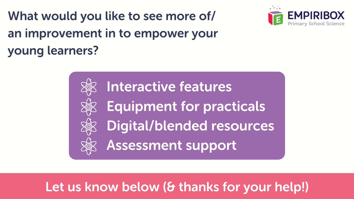 #Science #Teachers - can you answer our quick #survey question?

What would you like to see more of/ an improvement in to empower your young learners?

Choose from the below 👇 &amp; thanks for your help 🙏

#schools #KS1 #KS2 #poll #QuestionOfTheDay #ThursdayMotivation