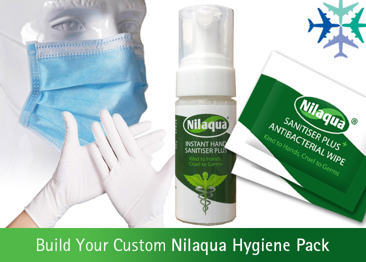 Build your very own pick ’n’ mix hygiene pack using our class-leading Nilaqua products, sterile gloves and 3-ply face masks. UK stock and ready for packing and delivery now… contact us for more info: planetalking.net #safety #hygiene #airlines #covid19safety #sanitisation