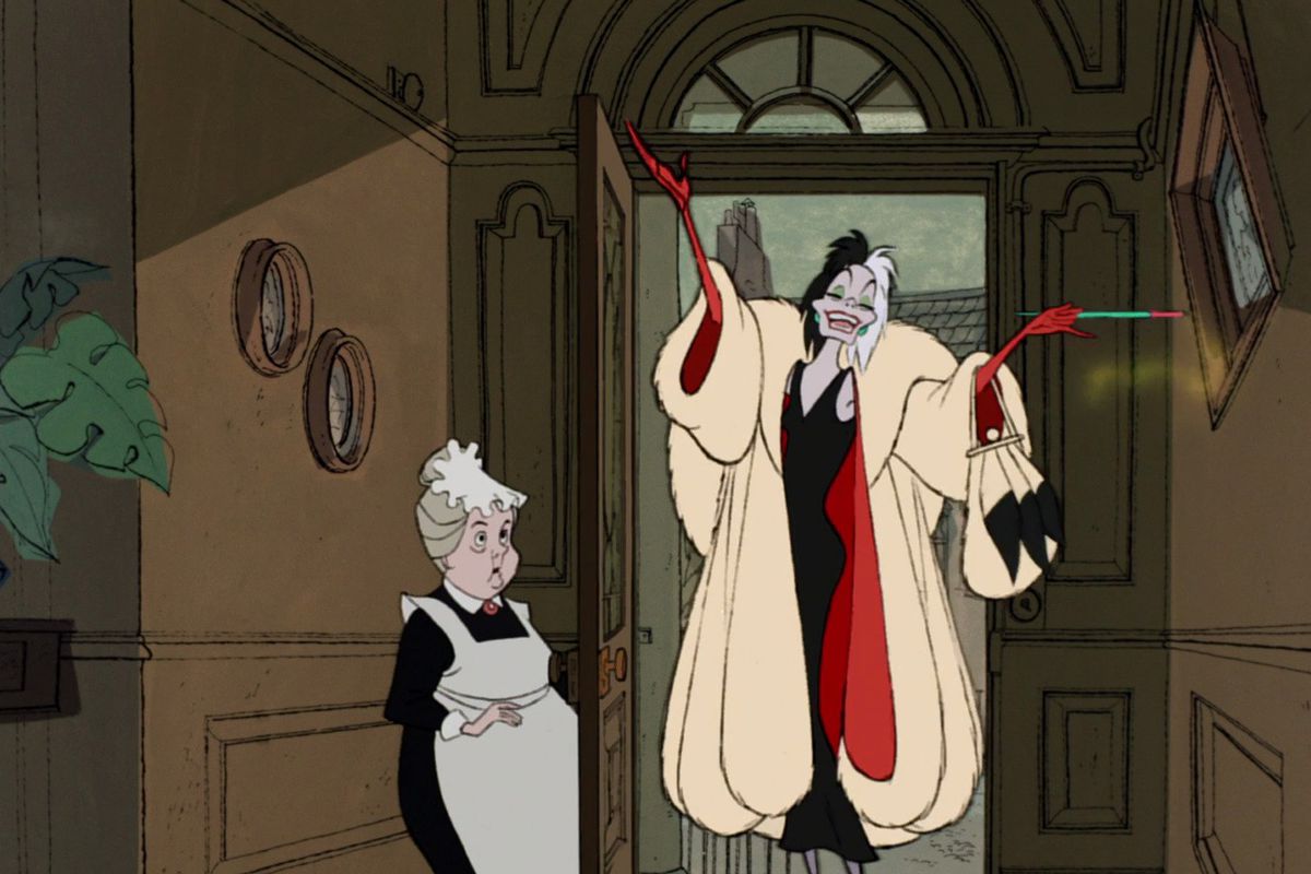 Disney's Cruella De Vil entering a door, behind which is a housemaid.