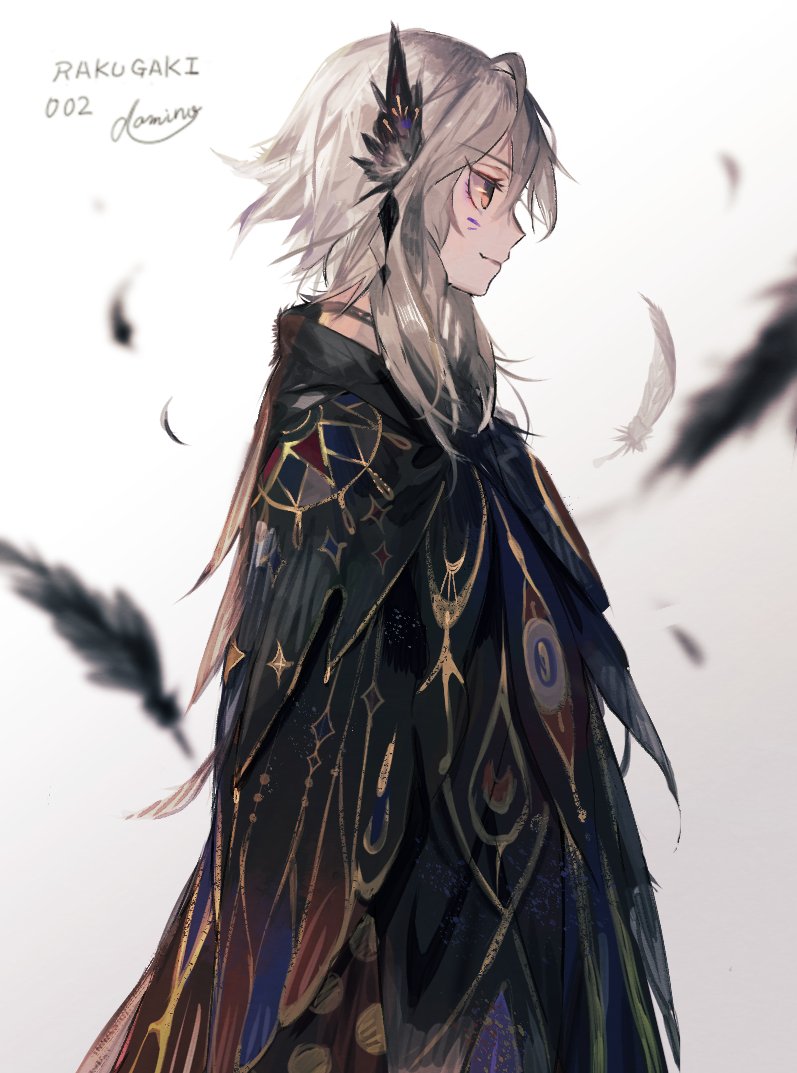 solo feathers long hair from side profile male focus 1boy  illustration images