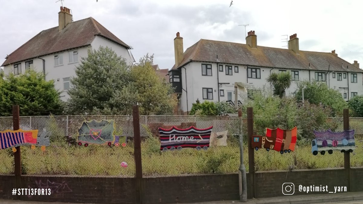 STOPTHETRAFFIK's tweet photo. (1/2) Huge congratulations to the Home from Home yarn bomb collective for their incredible #STT13FOR13 install as part of @FstoneFringe. They’ve knitted 13 lorries to highlight some of the dangers faced by people seeking safe passage to Britain – including smuggling. https://t.co/WDoklH8kEt