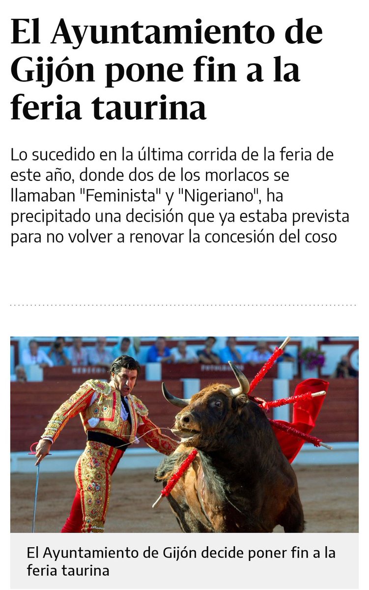 Qué justicia poética que sean los toros "Feminista" y "Nigeriano", los que acaben de dinamitar estos actos de tortura en Gijón.
Paso a paso, los que disfrutan con el sufrimiento animal, se quedan solos 💪.