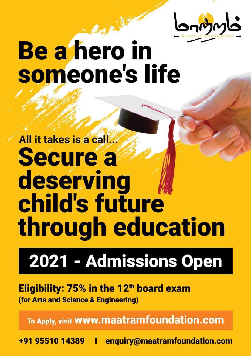 #MaatramFoundation admissions are now open for 2021!

You can do your bit to give someone the education they deserve! 

#EducationForAll 

@Udaya_Sankar1 @sujithkumar13