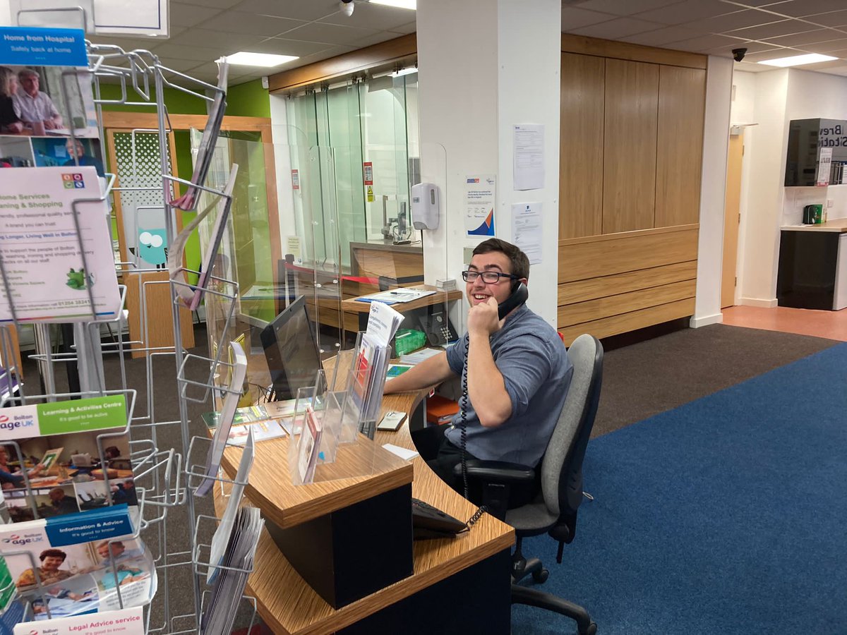 ageukbolton's tweet image. Our reception at the square is now open from 10-1 each day. Today the lovely Declan is manning the fort. #ProudToBeAgeUK #Bolton #FriendlyFace