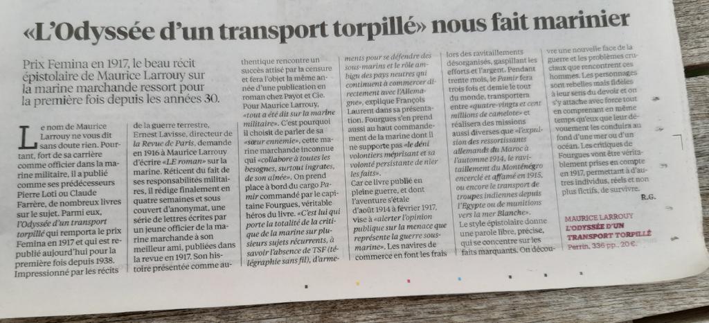 burlingtonroute's tweet photo. Merci @Richardgodin @libe pour ce magnifique papier consacré au livre de Maurice Larouy que j'ai eu tant de plaisir à préfacer et annoter, "L'Odyssée d'un transport torpillé" @EditionsPerrin @ZARROUKChams
#guerrede14 #prixfemina #histoiremaririme
#marinemarchande
#sousmarins https://t.co/vFFtYEky8B