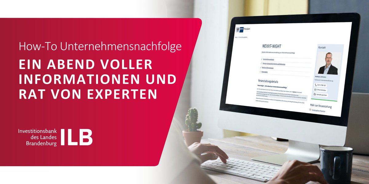 ILB_wirfoerdern (@ilb_wirfoerdern) on Twitter photo Wie muss eine Unternehmensnachfolge geplant werden, damit es einen reibungslosen Übergang gibt? Das erfahren Sie auf der nächsten NEXXT-NIGHT der <a href="/IHKPotsdam/">IHK Potsdam</a> und der <a href="/hwk_potsdam/">HWK Potsdam</a>, am 14.9. um 17 Uhr. ⁉️
Jetzt anmelden ➡️ bit.ly/37Knd2m
#wirfördern #Brandenburg #ILB Wie muss eine Unternehmensnachfolge geplant werden, damit es einen reibungslosen Übergang gibt? Das erfahren Sie auf der nächsten NEXXT-NIGHT der <a href="/IHKPotsdam/">IHK Potsdam</a> und der <a href="/hwk_potsdam/">HWK Potsdam</a>, am 14.9. um 17 Uhr. ⁉️
Jetzt anmelden ➡️ bit.ly/37Knd2m
#wirfördern #Brandenburg #ILB