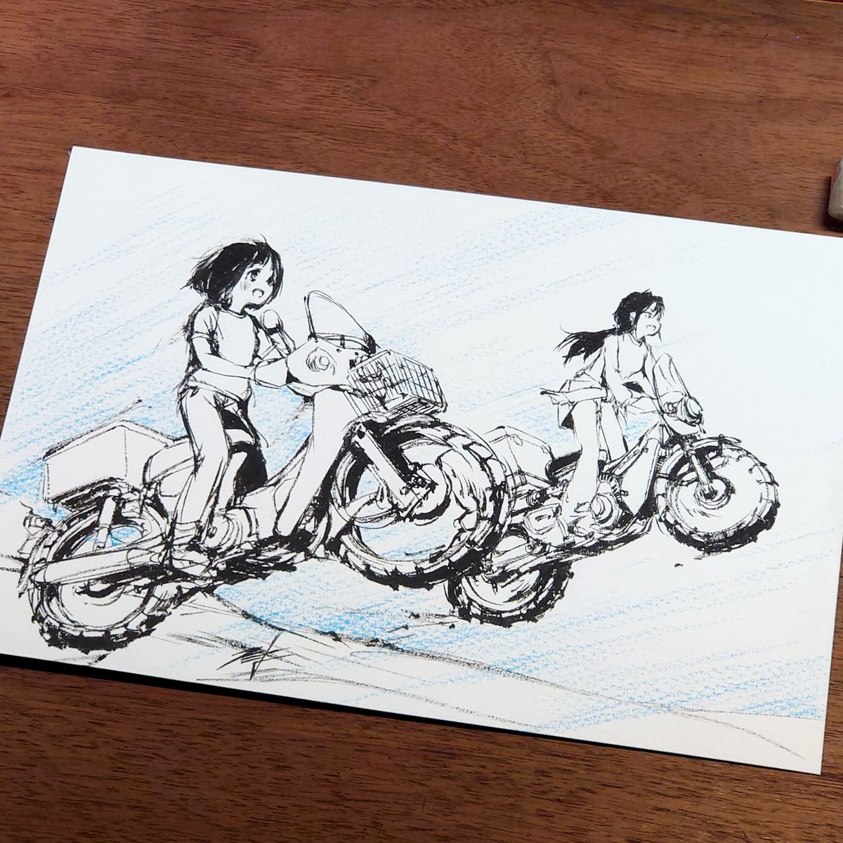 今日は #バイクの日 ということで。バイクを全身描いた絵を #スーパーカブ から。 