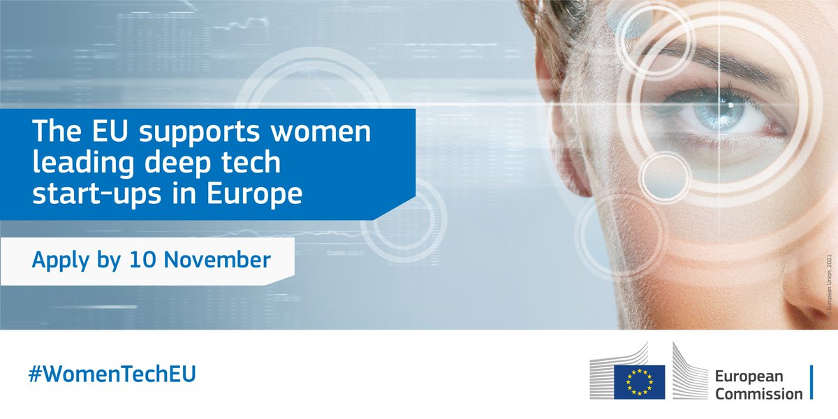 Calling all women in #deeptech! 👩‍💻

The #EUeic has an opportunity for you to receive support and funding through the new #WomenTechEU initiative. 🚀

Bring your #business to the forefront of the technology industry 👉 europa.eu/!QMTVBT

<a href="/GabrielMariya/">Mariya Gabriel</a> <a href="/EU_EISMEA/">EISMEA</a> <a href="/DigitalEU/">Digital EU 🇪🇺</a>