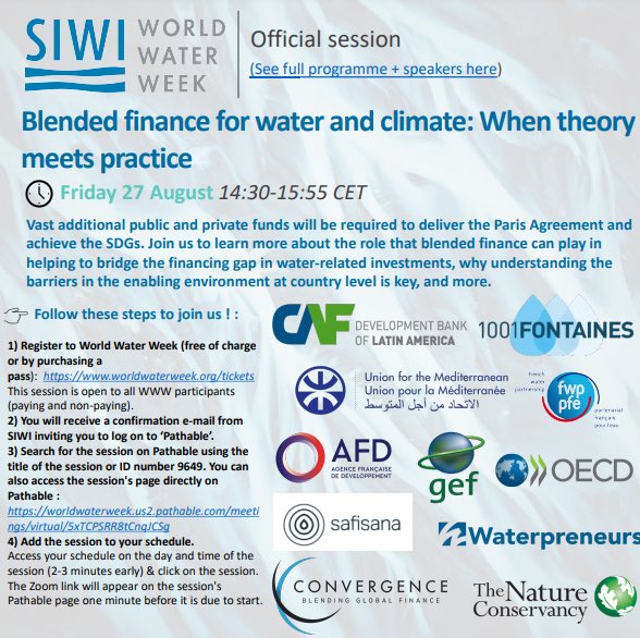 Join us on Aug 27, 2:30pm CET, for a #WWWeek session on #blendedfinance! 1001fontaines and Safisana will share their best practices to leverage #innovativefinance for #WASH projects. Register here for the session: lnkd.in/dqTdCdZX @PFE_FWP @SafiSana_org @Waterpreneurs