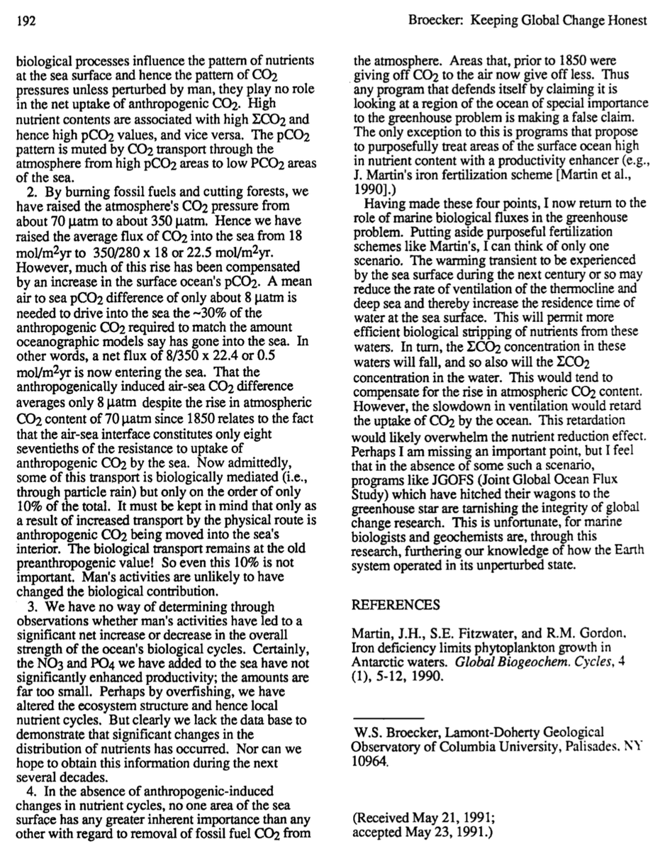 _david_ho_'s tweet photo. 30 years ago, Wally Broecker stated that: "…biological processes…play no role in the net uptake of anthropogenic CO₂."

It's important that we share the same basic understanding about the ocean. See also replies from @JensTerhaar and @bach_lennart.

https://t.co/Zg6foA126L https://t.co/Or7H0x4tKl