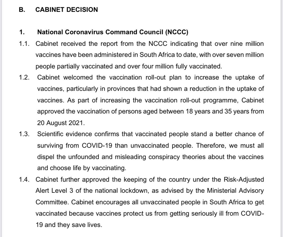 Vaccine news: Those between 18- 35 years old can get their vaccines from tomorrow the 20th of August. 

Great news. It made no sense to restrict this group when vaccine sites were standing empty. Prioritize those most at risk but vaxx those who choose to &amp; need to. 

Masambeni!