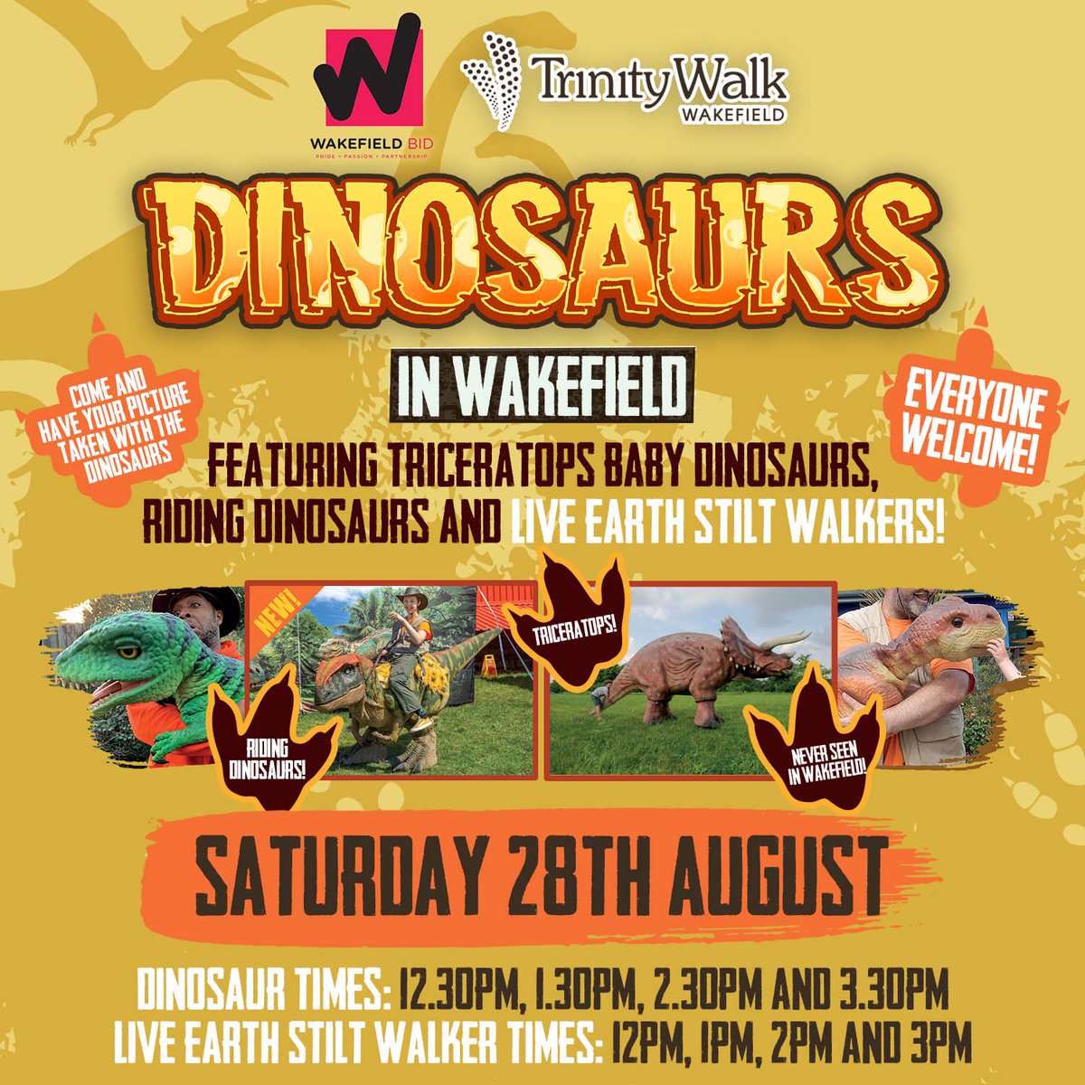 WakefieldBID's tweet photo. Don't miss out on the incredible Dinosaurs in Wakefield event this Bank Holiday Weekend! π¦
Come and take your photos with Dinosaurs at Trinity Walk on Saturday, August 28th and make this Bank Holiday something special πΈ
#WakefieldBID #BID #TrinityWalk #BankHoliday #Weekend https://t.co/UeUQFH4zKG