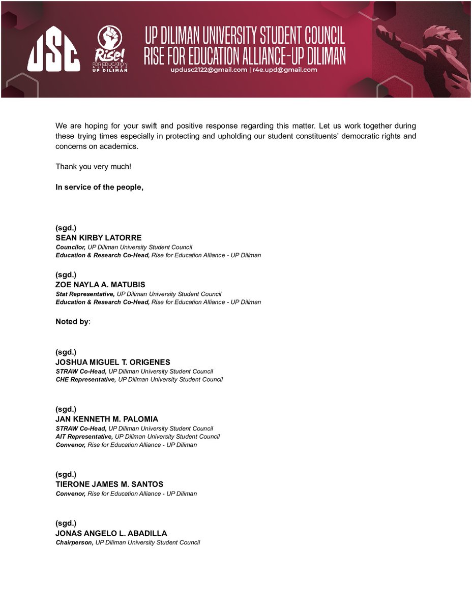 #TownHall

The results of the UP Diliman's Academic Ease Policy Assessment were acknowledged by the pertinent offices concerned. In lieu of this, we, together with the <a href="/USCUPDiliman/">UP Diliman University Student Council</a>, requested for a student dialogue with OVCAA. 

#AtinAngLakas
#AtinAngTagumpay
#RiseAndFight