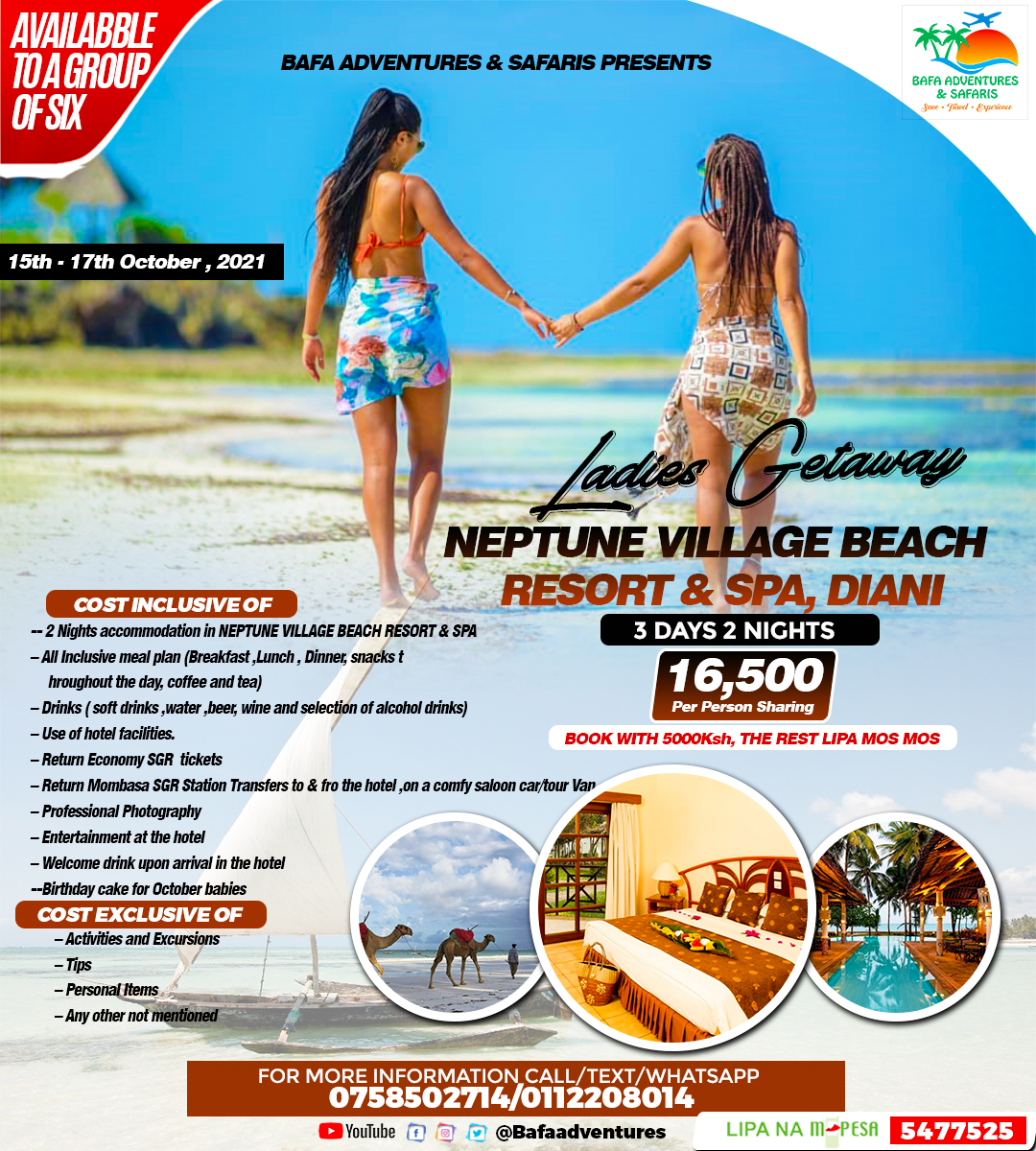 BafaSafaris's tweet photo. Smell the sea feel the sky🥳😊
The package is available for a group of six and above.
Tag your traveling squad 😊

CONTACT US
For INFO , Bookings &amp; Enquires contact our excellent customer support team available 24/7 to help and serve you well;
📞0758502714 https://t.co/x64pCdYA87