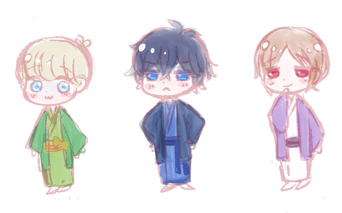 和服のミニキャラちゃん達の落書きです オリキャラ 絵 まっちょ 鎌倉mona 夏のミニ原画展のイラスト