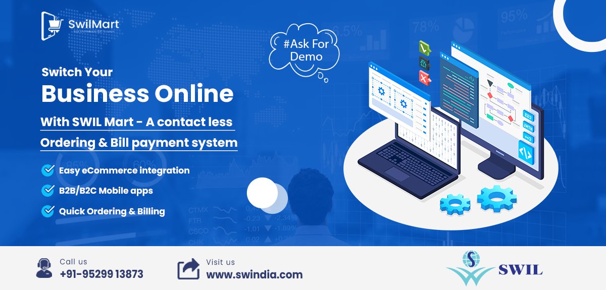 swilerpsoftware's tweet photo. Let's keep your business up to the mark with SWIL's #eCommerce_solution "SWIL Mart".
#SWILMart offers your business with #contact_less_ordering &amp; payment system.
For more information- Call📲+91 95299 13873  &amp;  Visit 🌐https://t.co/EUDbs1FXqJ 
  
#eretailerapp #b2cb2bbusinessapp https://t.co/pcHGLeoiUV