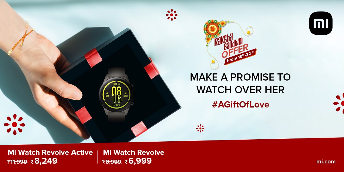 XiaomiIndia's tweet image. Celebrate your love for your sister this #Rakshabandan by giving her the gift of fitness! 🧘‍♀️💪
Hurry up and grab the #MiWatchRevolveActive and #MiWatchRevolve at a super discounted price, offer valid until Sunday only! ⌛
Head here: bit.ly/2W8WVoc