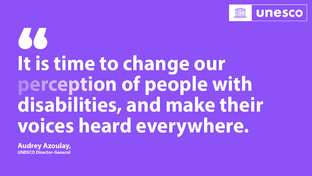 UNESCO's tweet photo. 15% of the world's population has a disability, that represents 1.2 billion people worldwide.

To change perceptions &amp; give greater visibility to people with disabilities, we're joining the campaign #WeThe15, just launched today.

Get involved 👉 https://t.co/8LrBdwdfwf 💜 https://t.co/Q9lGWhAdKq