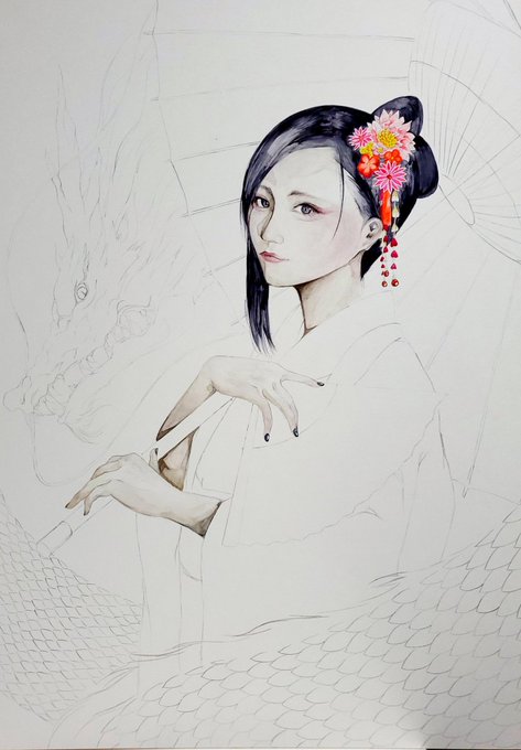 美人画進捗

顔廻りを取り合えず塗り塗り
顔彩って凄い鮮やかなのネ、ビックリするわ
和傘・着物・扇子のデザインどうすっか… 